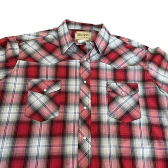 Wrangler Shirt Pearl Snap Plaid Button Up Men's Size XXL Short Sleeve Red & Gray - Picture 2 of 8